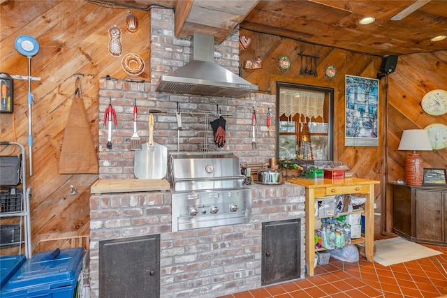 19 Stillwood Rd, Brookhaven, NY 11719 - interior space with wall chimney range hood, lofted ceiling with beams, tile patterned flooring, wood walls, and wood ceiling
