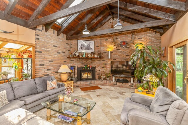 19 Stillwood Rd, Brookhaven, NY 11719 - living area with brick wall, high vaulted ceiling, stone finish floor, beamed ceiling, and wood ceiling