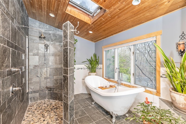 19 Stillwood Rd, Brookhaven, NY 11719 - bathroom featuring recessed lighting, a walk in shower, vaulted ceiling with skylight, wooden ceiling, and a soaking tub