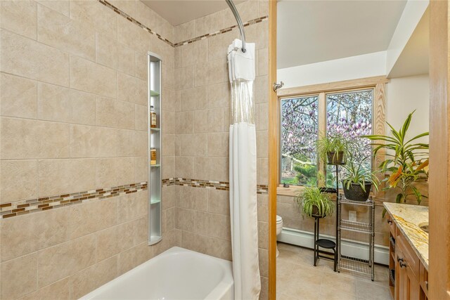 19 Stillwood Rd, Brookhaven, NY 11719 - full bathroom featuring tile patterned flooring, vanity, shower / tub combo with curtain, toilet, and tile walls