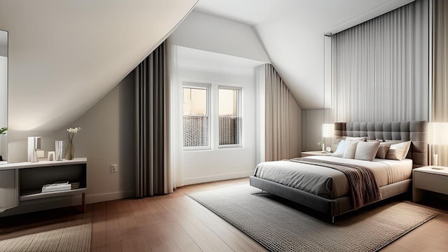bedroom with lofted ceiling, wood finished floors, and baseboards