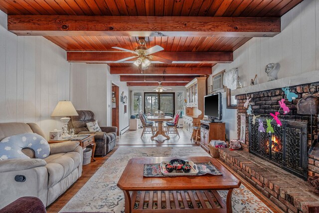 living area with wooden walls, ceiling fan, wooden ceiling, and light wood finished floors