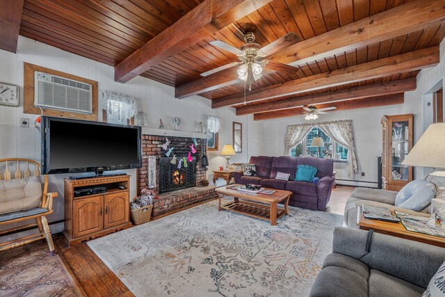 living area featuring wood ceiling, a ceiling fan, a fireplace, baseboard heating, and hardwood / wood-style flooring