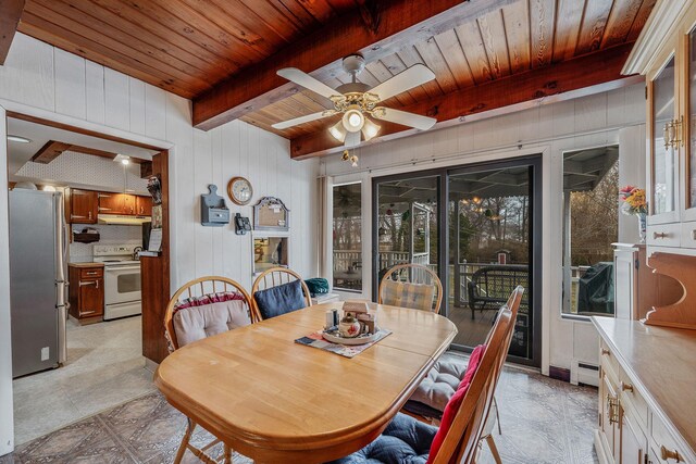 dining area featuring a ceiling fan, wood walls, beam ceiling, wooden ceiling, and a baseboard heating unit