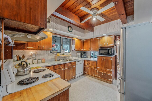 kitchen with beam ceiling, white appliances, ceiling fan, wood ceiling, and backsplash