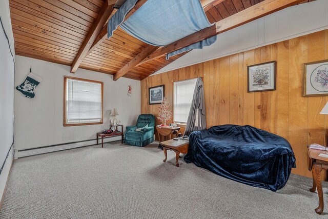 bedroom with vaulted ceiling with beams, carpet flooring, multiple windows, and wooden ceiling