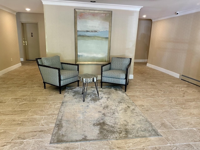 living area with crown molding, recessed lighting, baseboards, and a baseboard radiator