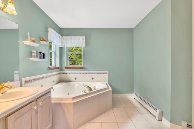 34 Melissa Ln, Washingtonville, NY 10992 - bathroom with a baseboard radiator, baseboard heating, a whirlpool tub, vanity, and tile patterned floors