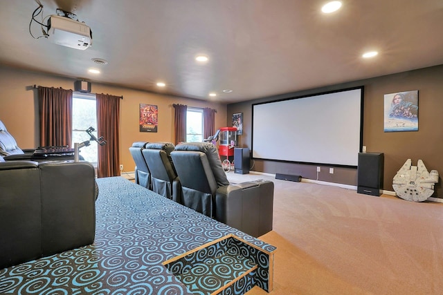 carpeted cinema room featuring a wealth of natural light, recessed lighting, and baseboards