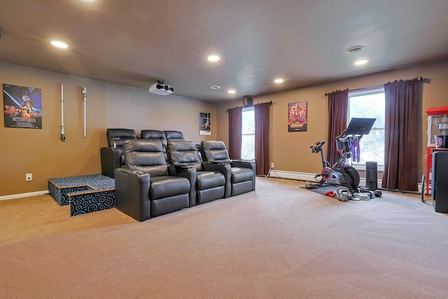 cinema with recessed lighting, carpet, and baseboards