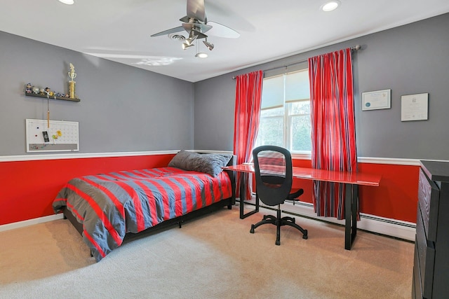 bedroom featuring recessed lighting, carpet flooring, ceiling fan, and baseboards