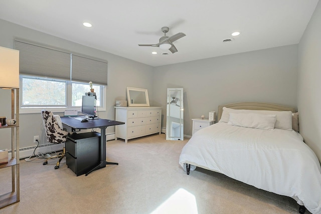 bedroom featuring recessed lighting, a ceiling fan, a baseboard heating unit, and light colored carpet