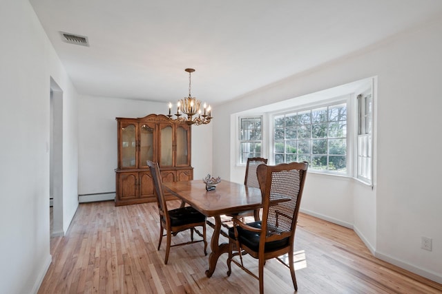 4 Penn Ct, Dix Hills, NY 11746 - dining area with a notable chandelier, light wood-type flooring, visible vents, baseboards, and a baseboard radiator