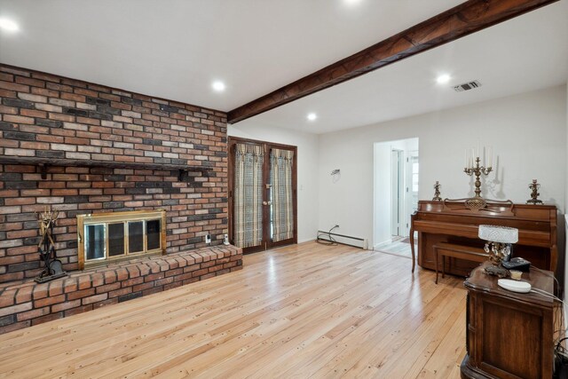 4 Penn Ct, Dix Hills, NY 11746 - living area with baseboard heating, light wood-style flooring, recessed lighting, visible vents, and beam ceiling