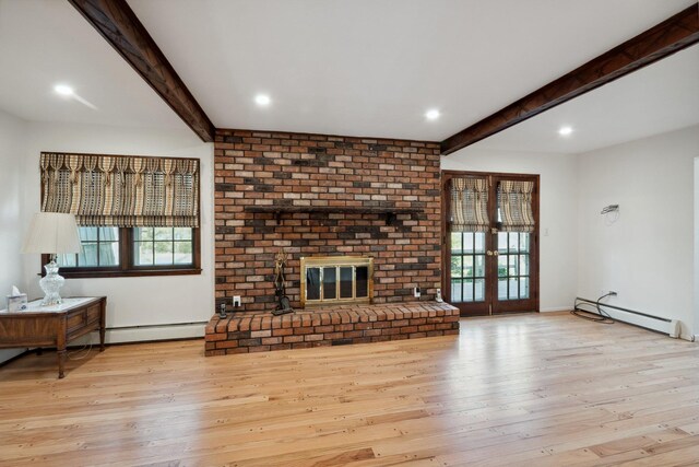 4 Penn Ct, Dix Hills, NY 11746 - unfurnished living room featuring beam ceiling, healthy amount of natural light, baseboard heating, wood-type flooring, and recessed lighting