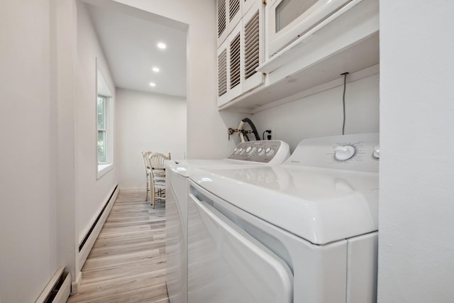 4 Penn Ct, Dix Hills, NY 11746 - laundry area featuring light wood finished floors, washing machine and clothes dryer, baseboard heating, a baseboard heating unit, and recessed lighting