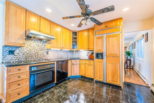 1170 Carlls Straight Path, Dix Hills, NY 11746 - kitchen featuring backsplash, glass insert cabinets, baseboard heating, under cabinet range hood, and black appliances