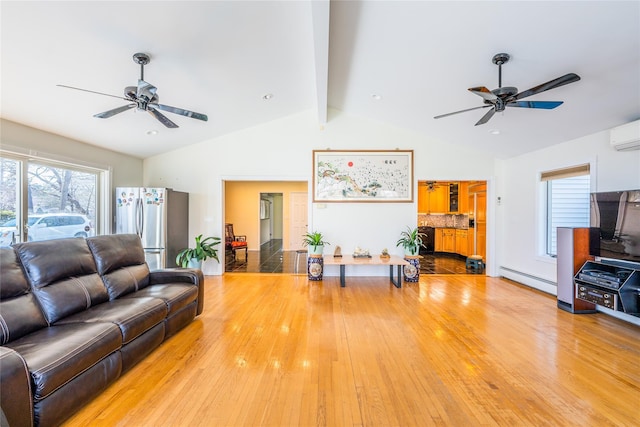 1170 Carlls Straight Path, Dix Hills, NY 11746 - living area featuring a wall mounted AC, lofted ceiling with beams, light wood-style flooring, a baseboard heating unit, and ceiling fan