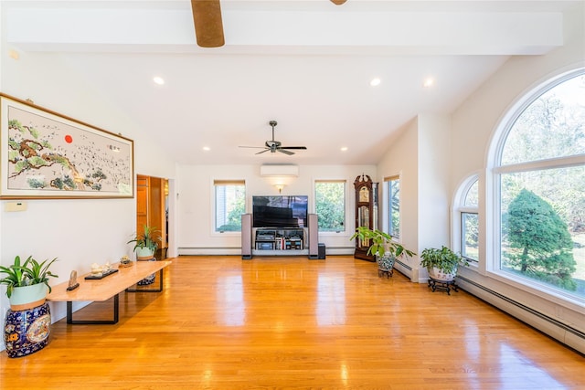 1170 Carlls Straight Path, Dix Hills, NY 11746 - unfurnished living room featuring lofted ceiling with beams, ceiling fan, and a baseboard heating unit