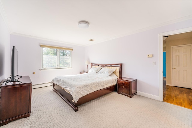 1170 Carlls Straight Path, Dix Hills, NY 11746 - bedroom with a baseboard radiator, carpet flooring, crown molding, and baseboards