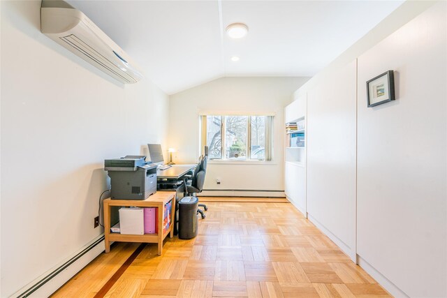 1170 Carlls Straight Path, Dix Hills, NY 11746 - office area featuring a baseboard radiator, a wall mounted AC, vaulted ceiling, and a baseboard heating unit