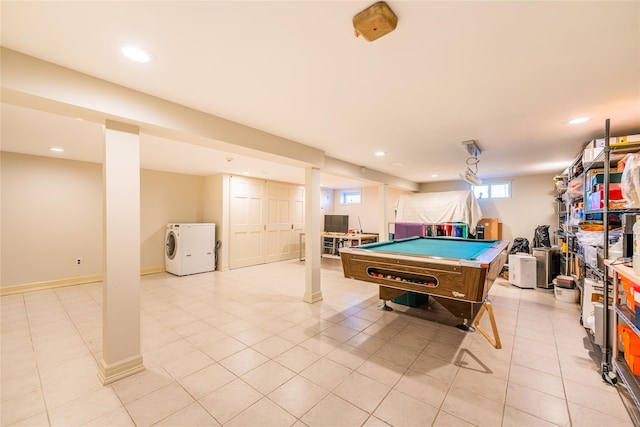 1170 Carlls Straight Path, Dix Hills, NY 11746 - playroom featuring baseboards, washer / clothes dryer, recessed lighting, billiards, and light tile patterned floors