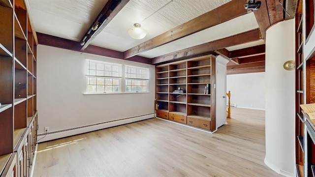 spare room with a baseboard radiator, baseboards, beamed ceiling, and light wood-style flooring