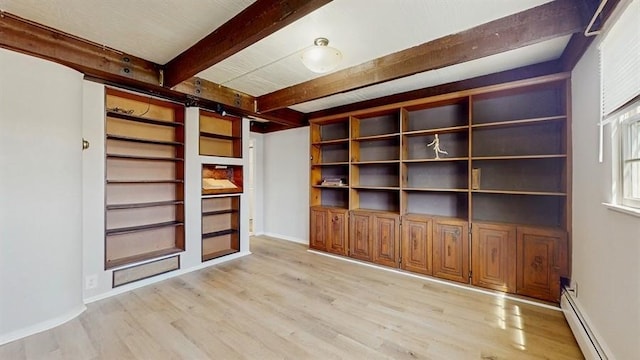 spare room with baseboards, beam ceiling, light wood finished floors, and baseboard heating