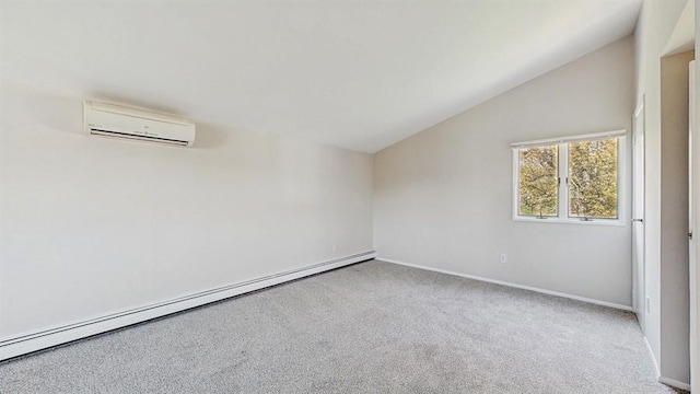 carpeted spare room featuring vaulted ceiling, baseboards, a baseboard radiator, and a wall mounted air conditioner