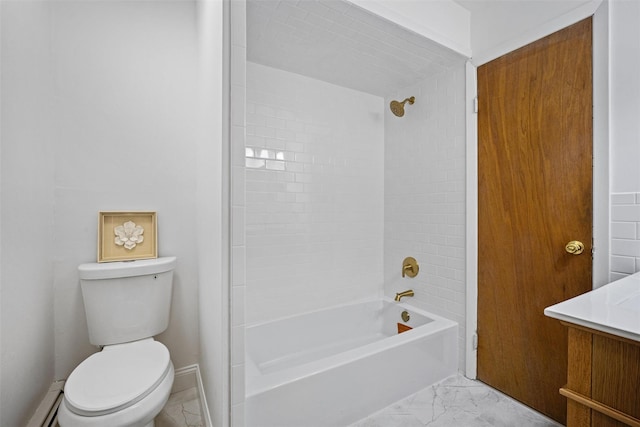 75 Vails Gate Heights Dr, Vails Gate, NY 12553 - bathroom with toilet, washtub / shower combination, marble look tile flooring, a baseboard radiator, and vanity