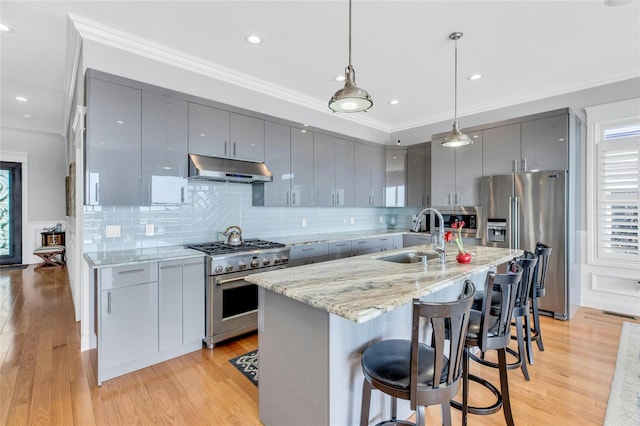 kitchen featuring gray cabinets, stainless steel appliances, under cabinet range hood, a sink, and a wealth of natural light