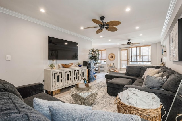700 Shore Rd Unit 2Z, Long Beach, NY 11561 - living area featuring ornamental molding, wood finished floors, recessed lighting, and a ceiling fan