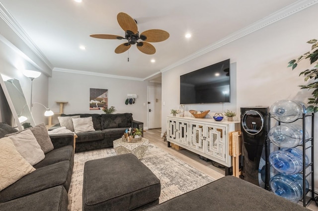 700 Shore Rd Unit 2Z, Long Beach, NY 11561 - living room featuring recessed lighting, crown molding, ceiling fan, and wood finished floors