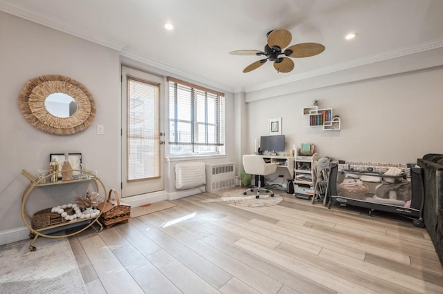 700 Shore Rd Unit 2Z, Long Beach, NY 11561 - office area featuring ornamental molding, wood finished floors, ceiling fan, recessed lighting, and radiator