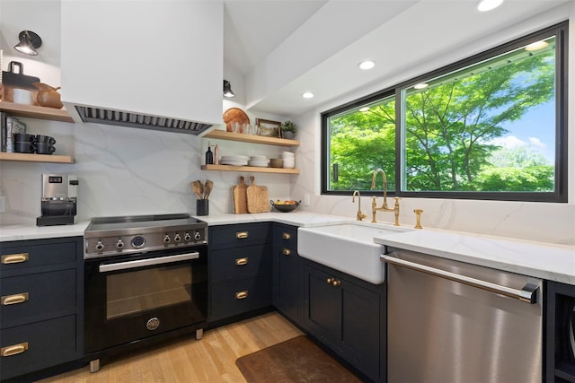 kitchen with dishwasher, electric range, open shelves, exhaust hood, and backsplash