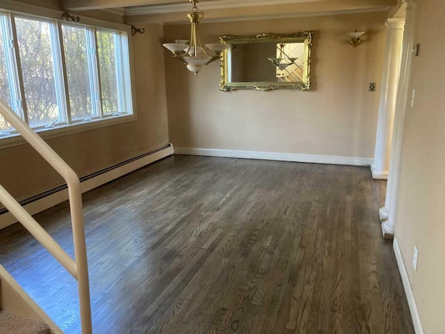 unfurnished dining area with a baseboard heating unit, dark wood finished floors, baseboards, a notable chandelier, and crown molding