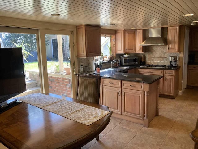 kitchen featuring tasteful backsplash, a sink, dark countertops, stainless steel appliances, and wall chimney exhaust hood