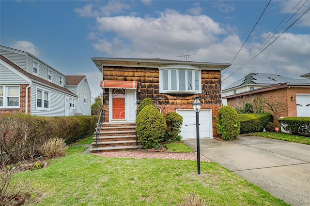 63 Central Ave, Lynbrook, NY 11563 - view of front of home with a garage, a front yard, brick siding, and concrete driveway