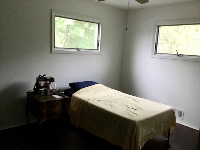 bedroom featuring multiple windows, dark wood-style floors, and baseboards