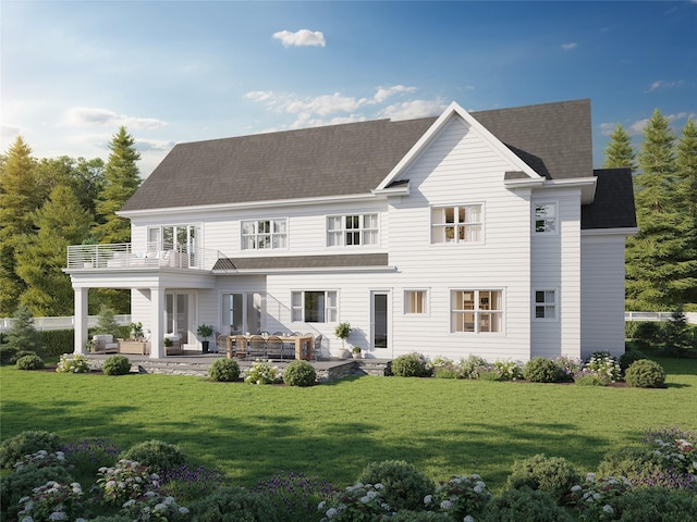 36 Secor Rd, Scarsdale, NY 10583 - rear view of property featuring a balcony, a patio, and a lawn