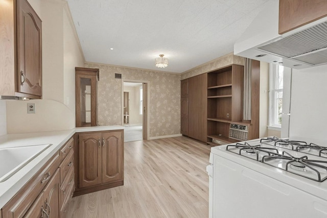 6107 Grand Ave, Maspeth, NY 11378 - kitchen with white gas stove, extractor fan, wallpapered walls, light wood-type flooring, and a peninsula