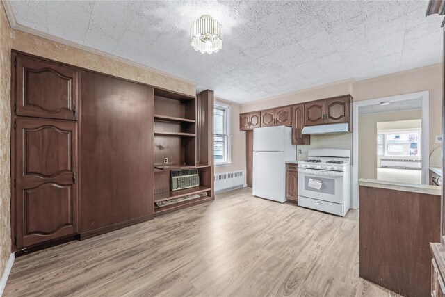 6107 Grand Ave, Maspeth, NY 11378 - kitchen with white appliances, under cabinet range hood, radiator, light wood-style floors, and light countertops