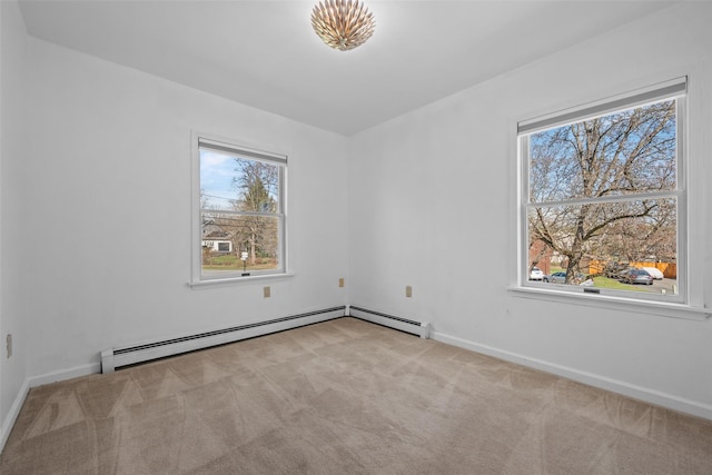 empty room featuring carpet flooring, baseboards, and baseboard heating