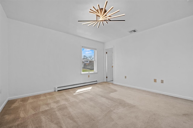 carpeted empty room with baseboards, visible vents, a chandelier, and a baseboard radiator