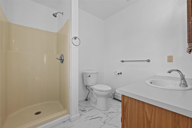 bathroom with marble finish floor, toilet, a baseboard heating unit, and a shower stall