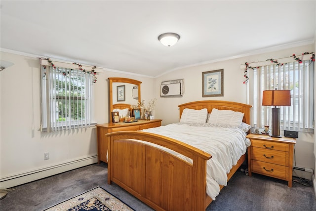 bedroom featuring a baseboard radiator, dark colored carpet, and ornamental molding