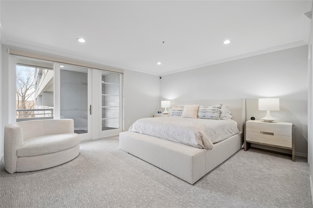 100 Harbor View Dr Unit 230, Port Washington, NY 11050 - carpeted bedroom with access to outside, ornamental molding, recessed lighting, and french doors