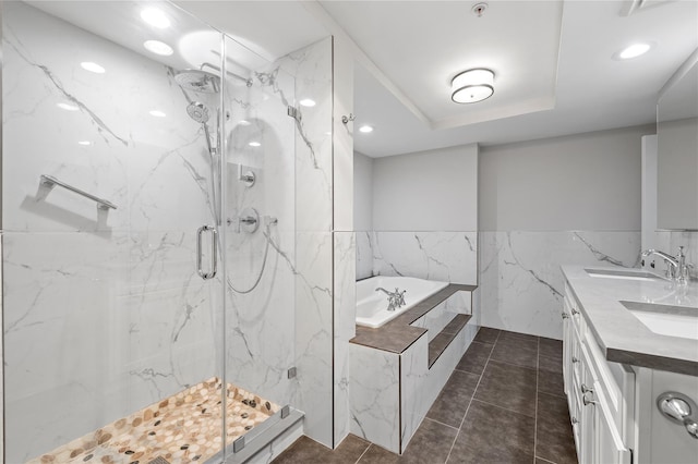 100 Harbor View Dr Unit 230, Port Washington, NY 11050 - bathroom with a bath, a marble finish shower, double vanity, a tray ceiling, and recessed lighting