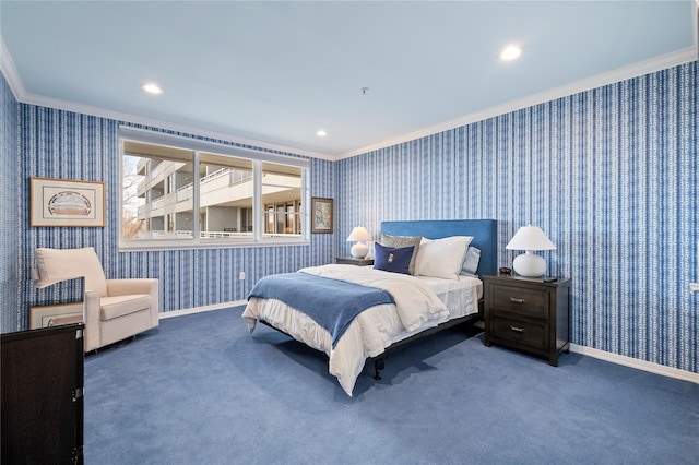 100 Harbor View Dr Unit 230, Port Washington, NY 11050 - carpeted bedroom featuring ornamental molding, wallpapered walls, and recessed lighting
