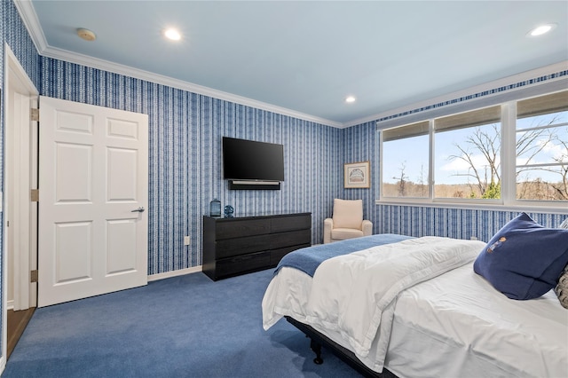 100 Harbor View Dr Unit 230, Port Washington, NY 11050 - bedroom with crown molding, wallpapered walls, dark carpet, and recessed lighting